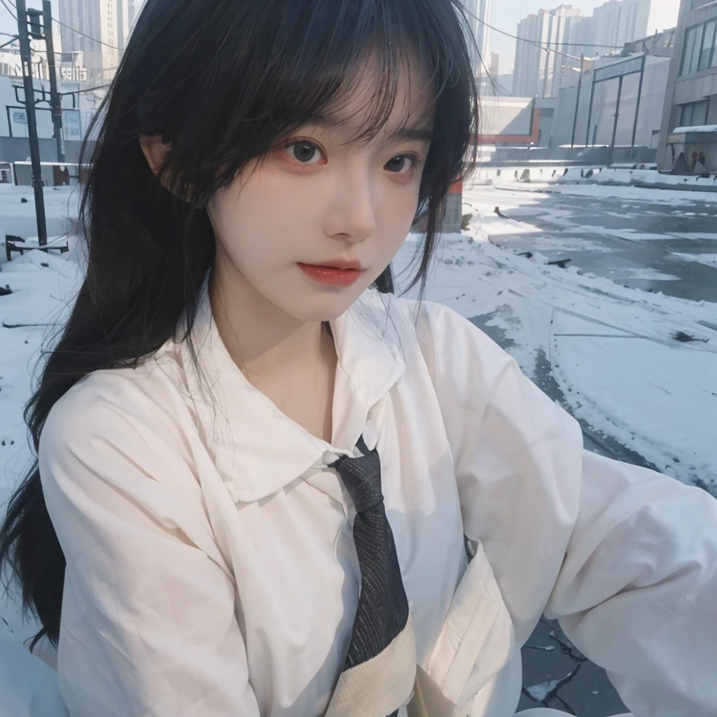 Best quality，masterpiece，Double tail，Ultra-high resolution，snow，16K,Snow background，（Photo Realism：1.4),1 Girl，JK，sexly，（shirt and tie：1.2),（Big breasts：2.3),（Upper body：1.4)