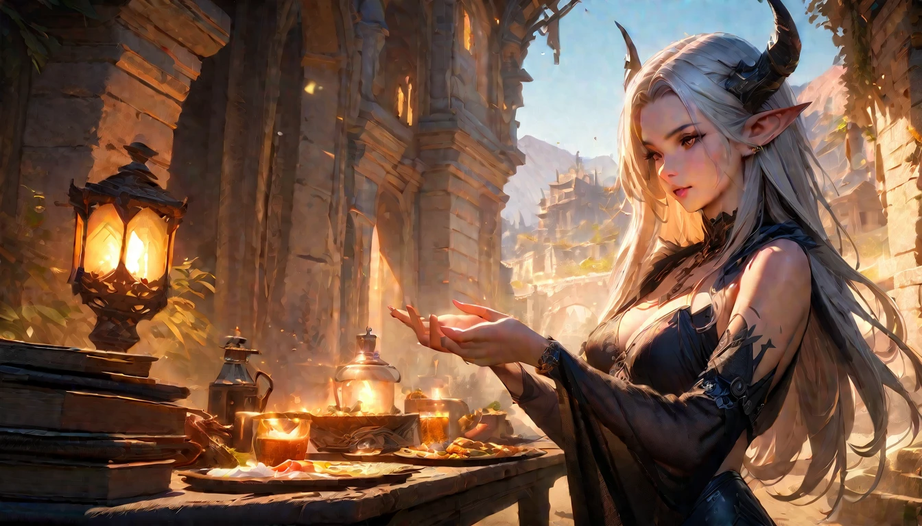 masterpiece, Best quality, 1 girl,photo, Studio photography, from the waist up, upper body, close-up of a woman with white hair and a horned face, dark Elf princess, beautiful dark Elf countess, Diablo 4 queen, 4k fantasy art, Diablo 4 Lilith, 8K fantasy art, dark Elf maiden, Кароль за uhd, dark Elf, hyper detailed fantasy character, detailed fantasy art, Фэнтезийное искусство Unreal Engine, ancient ring elf, the evening Mediterranean light casts a warm glow on her porcelain skin., High-resolution image, digital painting, Spiritual peace, golden ratio composition, cowboy shot, brilliant, brilliant hair, (night:1.2),Dreamy, [[gentle fingers and hands:0.55]::0.85],(detailed fingers),),(emotional),(breathtaking),(main part:1.2) whole body.), (Anime Style), (Super Detailed), (brutal), (uhd, HDR), (8k), (High Resolution: 1.2), (Complex and Beautiful: 1.2)
