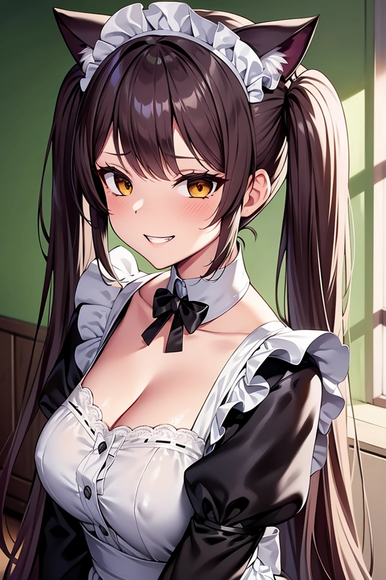 Private Maid, (compensate:1.2), Twin tails, Very long hair, Cat ear, Maid&#39;s Headdress, Hair Clip, Cleavage, Huge breasts, Neck bell, bow, ((Maid Apron)), White gloves, elbow gloves, Garter Straps, White knee socks, corruption, Hollow Eyes, Half-closed eyes, Wicked Smile, No students, Grin, Open your mouth, One girl, Mature Woman, Married women, (Dark Magical Girl), Dark Theme, Dark person