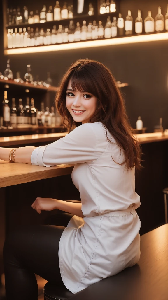 smiling woman sitting at a table with a glass of wine, with a drink, at a bar, probably in her 30s, around 20 yo, taken in the early 2020s, sitting at the bar, aleksandra waliszewska, very slightly smiling, in a bar, ewa juszkiewicz, sitting at a bar