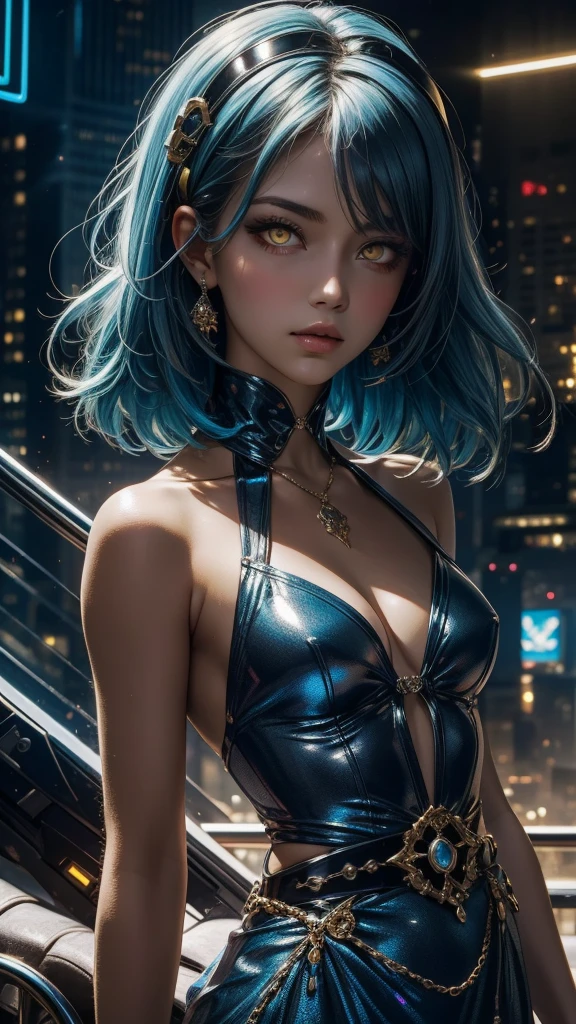 Close-up waist-up portrait of Cinderella reimagined in a cyberpunk setting, (blue hair), (bob hair), (blue eyes), modern dress infused with holographic elements. She exhibits a seductive and charming demeanor, with eyes that hold a mesmerizing look. Her backdrop features a cityscape with skyscrapers, reflecting her new-age fairy tale story. The scene captures her as a temptress with an alluring gaze and attracting looks, masterpiece: 2, best quality, ultra high-res, original, extremely detailed, perfect lighting