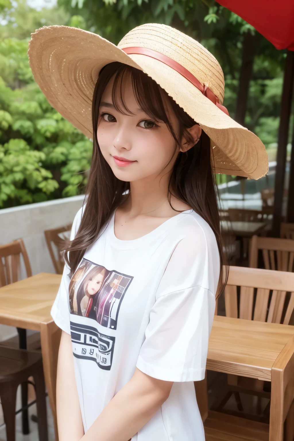 an adult-like woman, tall, short brown-colored hair, wearing a straw hat, beautiful white-colored skin, wearing t-shirt colored white, glamorous figure, , small mouth, pouting teasingly, small nose, dimples, smiling, narrowed eyes expression, sweating, a little bit glossy, in the cafe