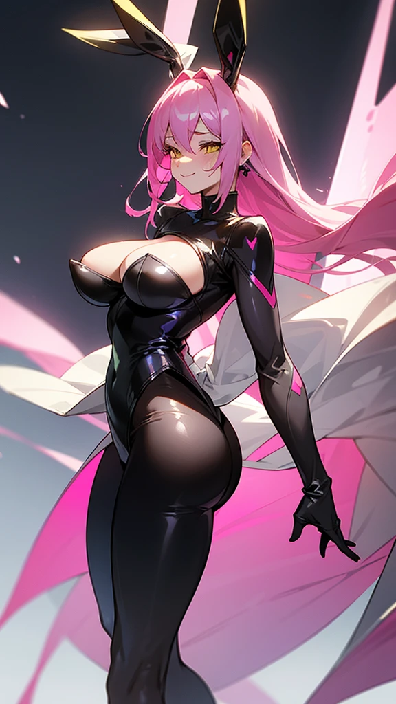 Pink hair girl with yellow eyes, smiling shyly, with a very sexy black bunny suit, very big breasts and big butt, white and thin, The suit has transparent tights that show off her skin from her legs to her beautiful ass., He makes a pose where he takes off his shirt and brazzier, showing her beautiful and big breasts
