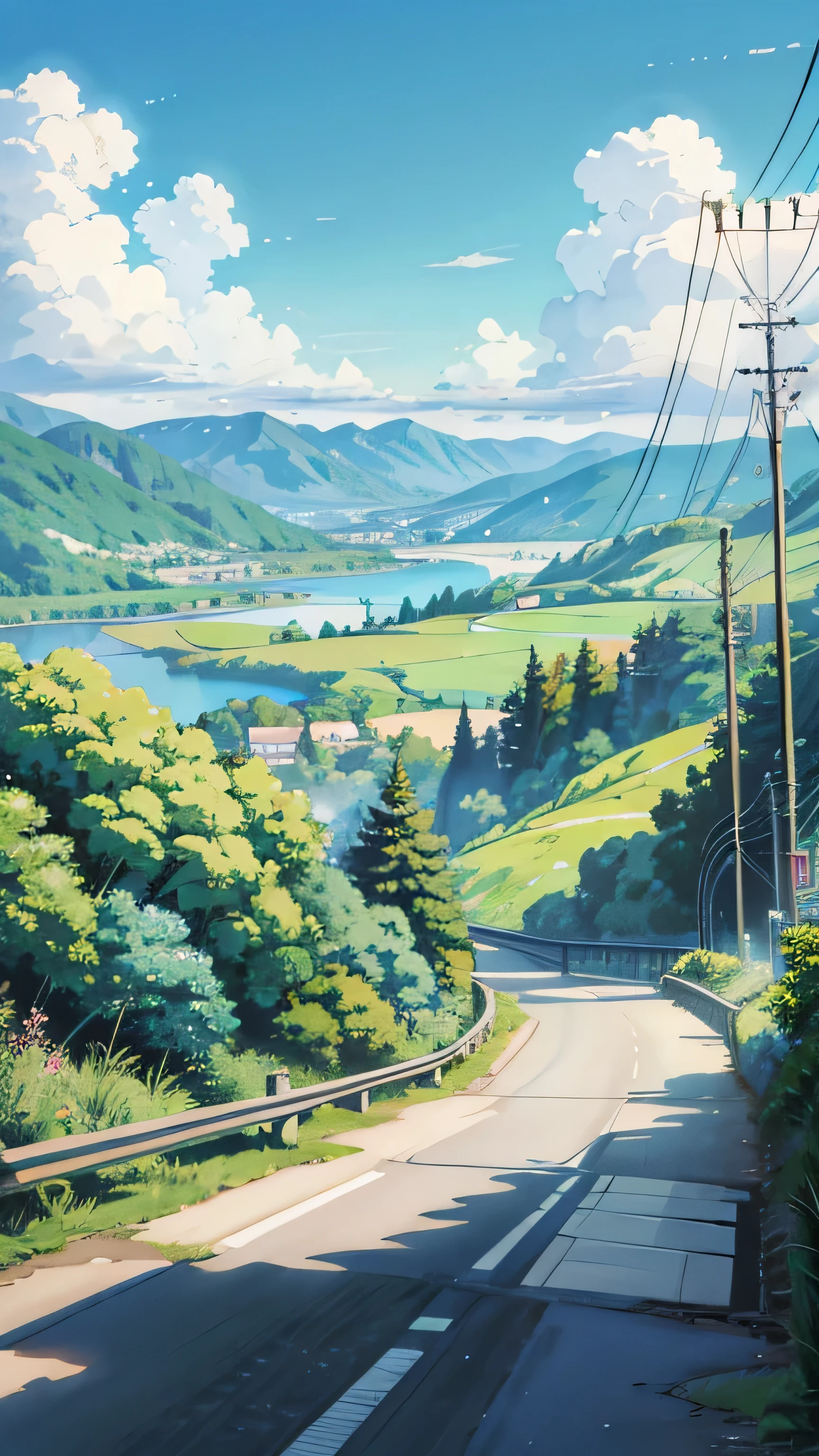a painting of a car driving down a road next to a lush green hillside, anime countryside landscape, makoto shinkai. high detail, by Kaii Higashiyama, anime landscape, anime landscape wallpaper, by makoto shinkai, by Makoto Shinkai, anime. by makoto shinkai, hd anime cityscape, anime scenery concept art, anime scenery, style of makoto shinkai, makoto shinkai art style, anime. by makoto shinkai, by Makoto Shinkai, by makoto shinkai, anime scenery, kyoto animation, 4k hd,, beautiful art uhd 4 k, a beautiful artwork illustration, beautiful digital painting, highly detailed digital painting, beautiful digital artwork, detailed painting 4 k, very detailed digital painting, rich picturesque colors, gorgeous digital painting, saturated, no human