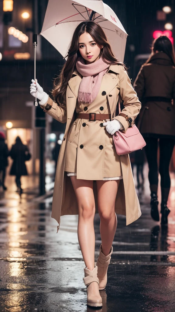 1girl with long brown hair wearing a fully buttoned up and belted buckle beige trench coat with a large pink winter wool scarf and white gloves at the hard rainy night city street full body 8k