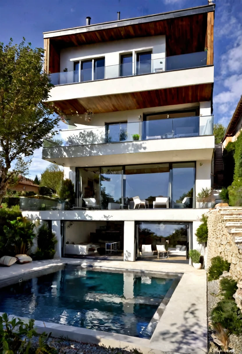Imaginez une maison contemporaine, où l&#39;acier, le bois et le béton gris clair s&#39;harmonisent parfaitement. La structure robuste et élégante est complétée par des fenêtres de style brise-brise, permettant à la lumière naturelle de danser à travers l&#39;espace tout en préservant l&#39;intimité. Depuis la terrasse spacieuse, la vue s&#39;ouvre sur un grand, lac serein, reflétant le ciel bleu et les arbres environnants. C&#39;est un après-midi de printemps, la douce brise transporte le parfum des fleurs et le bruit paisible de l&#39;eau. L&#39;espace est accueillant et relaxant, idéal pour profiter d&#39;un bon livre ou d&#39;un café, en parfaite harmonie avec la nature.
