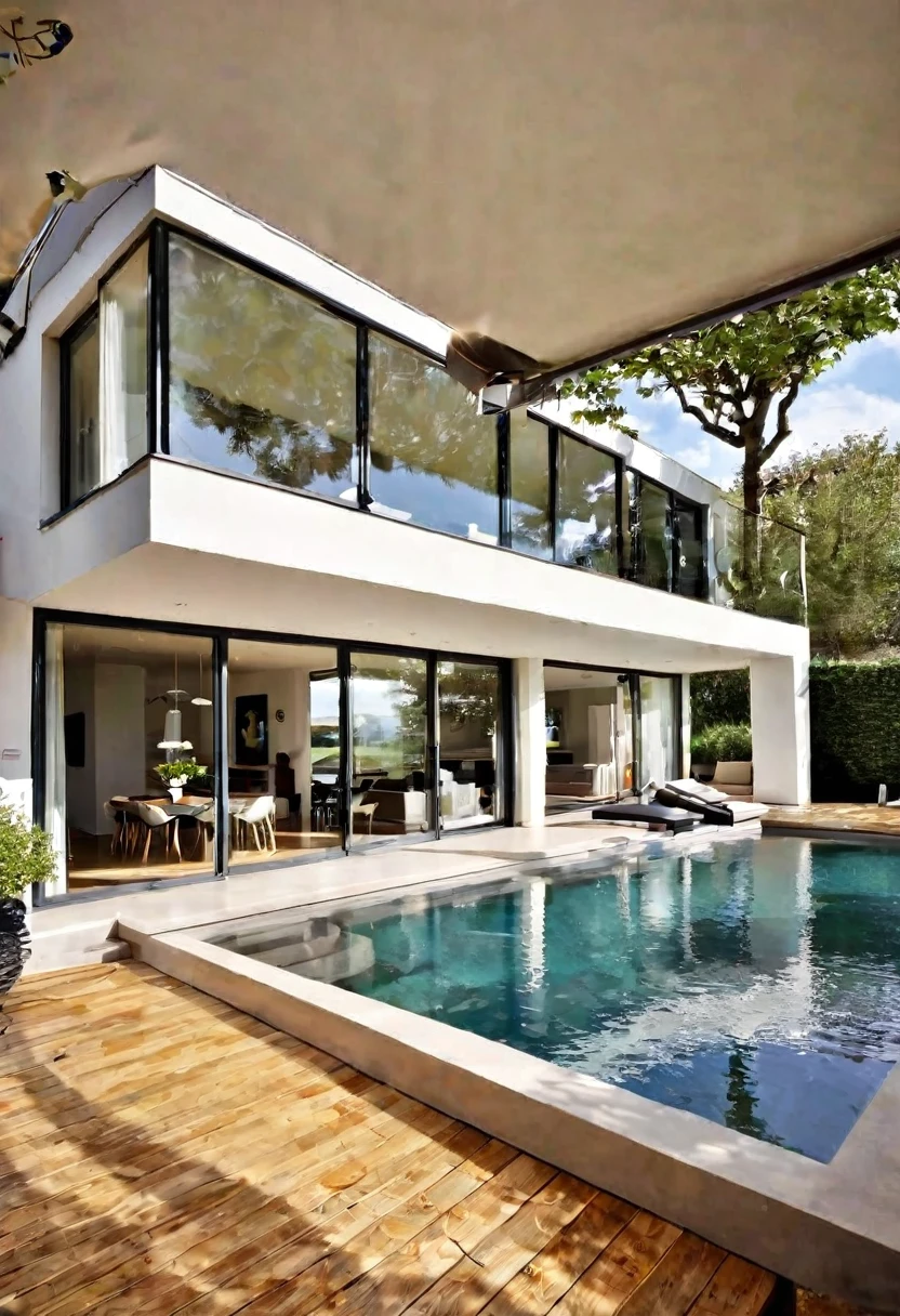 Imaginez une maison contemporaine, où l&#39;acier, le bois et le béton gris clair s&#39;harmonisent parfaitement. La structure robuste et élégante est complétée par des fenêtres de style brise-brise, permettant à la lumière naturelle de danser à travers l&#39;espace tout en préservant l&#39;intimité. Depuis la terrasse spacieuse, la vue s&#39;ouvre sur un grand, lac serein, reflétant le ciel bleu et les arbres environnants. C&#39;est un après-midi de printemps, la douce brise transporte le parfum des fleurs et le bruit paisible de l&#39;eau. L&#39;espace est accueillant et relaxant, idéal pour profiter d&#39;un bon livre ou d&#39;un café, en parfaite harmonie avec la nature.
