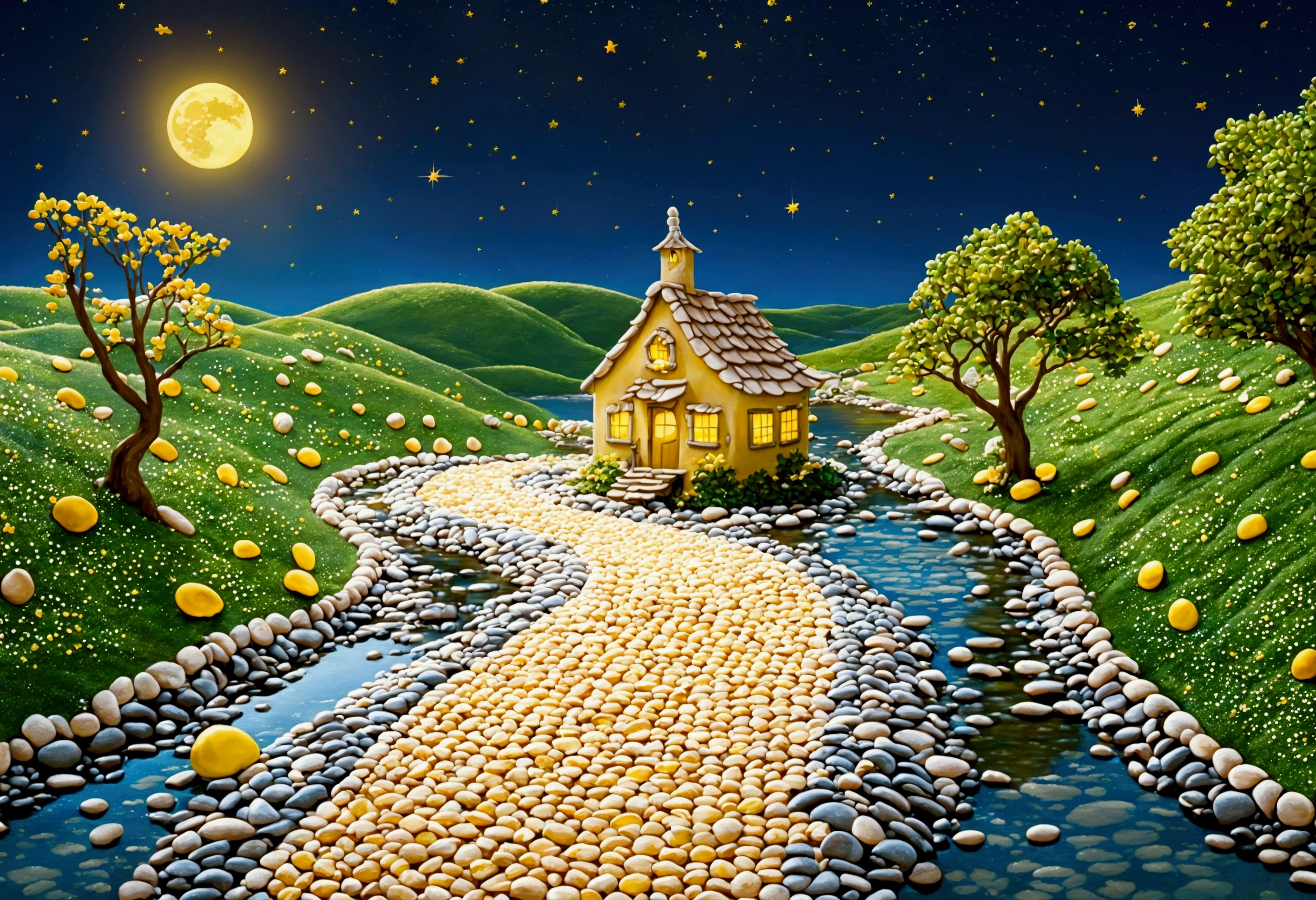 A beautiful calm and peaceful lagoon that reflects the brightness of the stars and moonlight, the stars and the moon have a yellow hue in a starry sky at the bottom of the lagoon cutting horizontally through the landscape we see a little road made of shiny pebbles that passes in front of the little house of a farm. disney pixar style