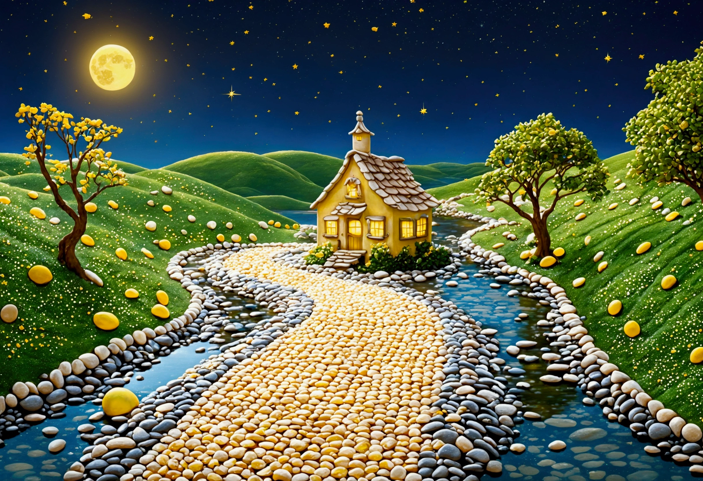 A beautiful calm and peaceful lagoon that reflects the brightness of the stars and moonlight, the stars and the moon have a yellow hue in a starry sky at the bottom of the lagoon cutting horizontally through the landscape we see a little road made of shiny pebbles that passes in front of the little house of a farm. disney pixar style