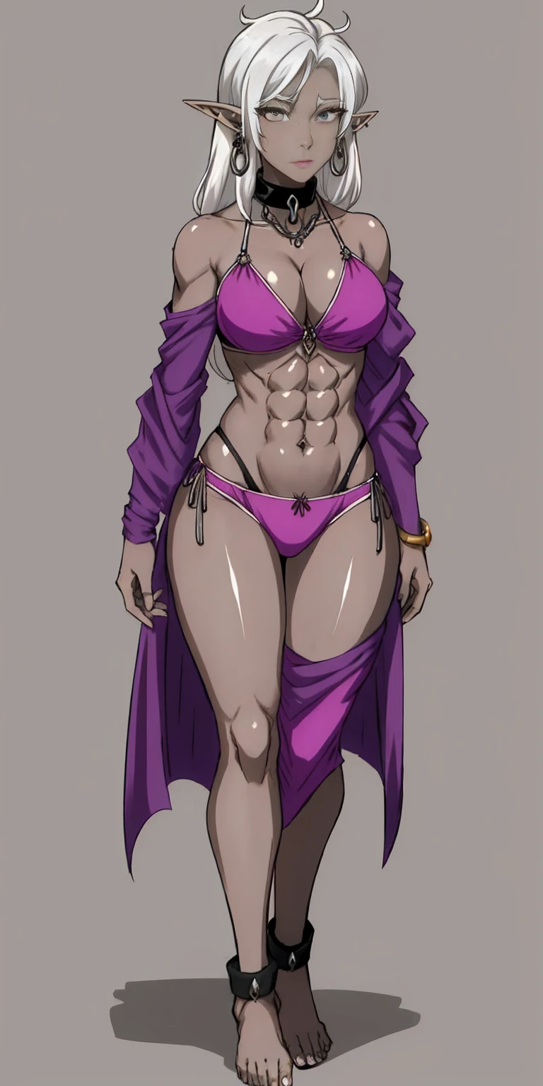 Appearance
Gender: Female
Age: Mature
Race: Drow (elf with dark skin and white hair)
Height: Full-body
Skin: Gray
Skin: Gray
Background: Plain Gray
Eyes: Purple
Attire: Bikini, revealing abdominal muscles
Accessories: Large earrings, ragged rags, chain necklace