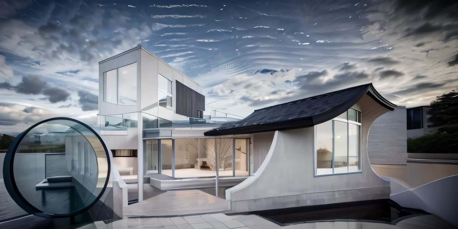 house exterior contemporary style, modernism, glass doors and windows,black metal rail, conwood ceilling, masterpiece, highquality, realistic photo, canon eos 5D mark, natural light, 
