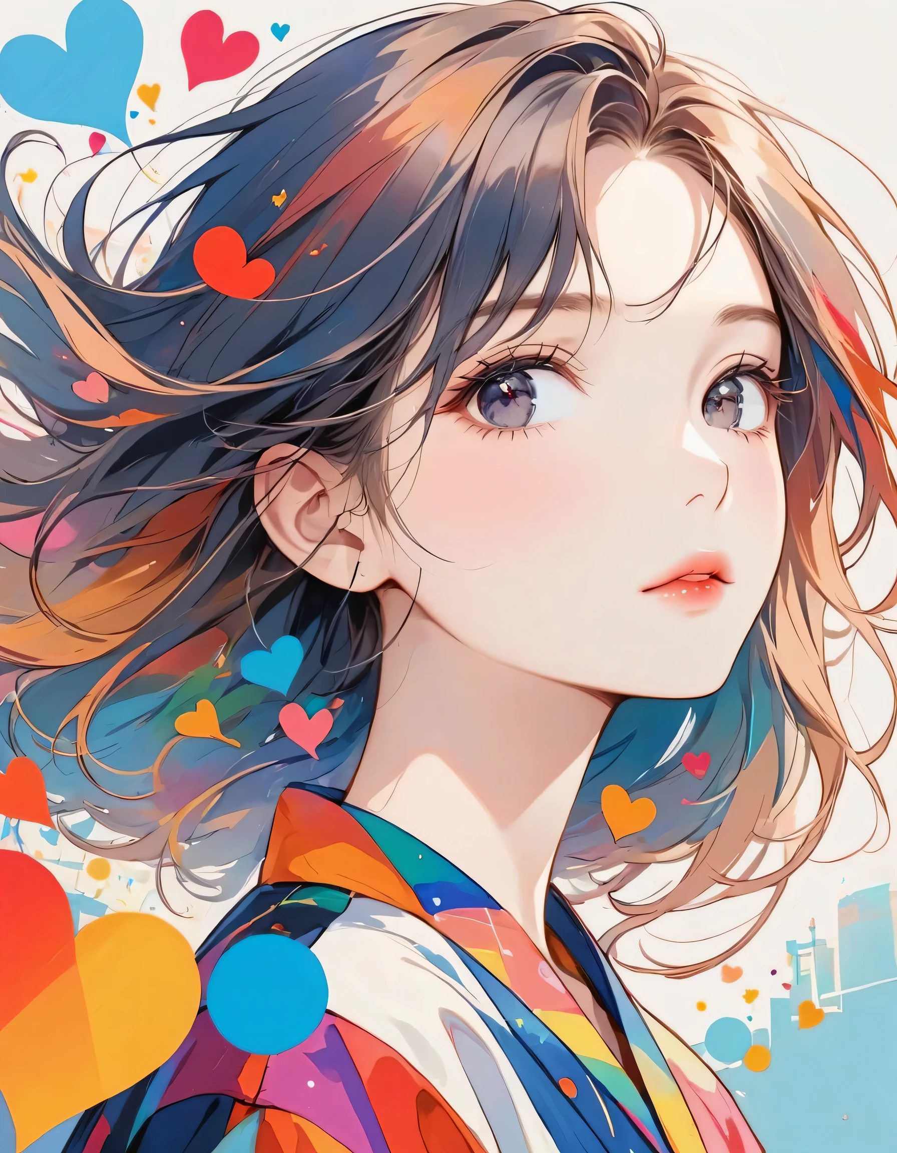 Vasily Kandinsky colorful style, Simple Line Initialism，Abstract art，Urban Background, (((The most beautiful girl of all time))), black eyes, Sweet face. Lips in love, walking, colorful hearts, stylish design