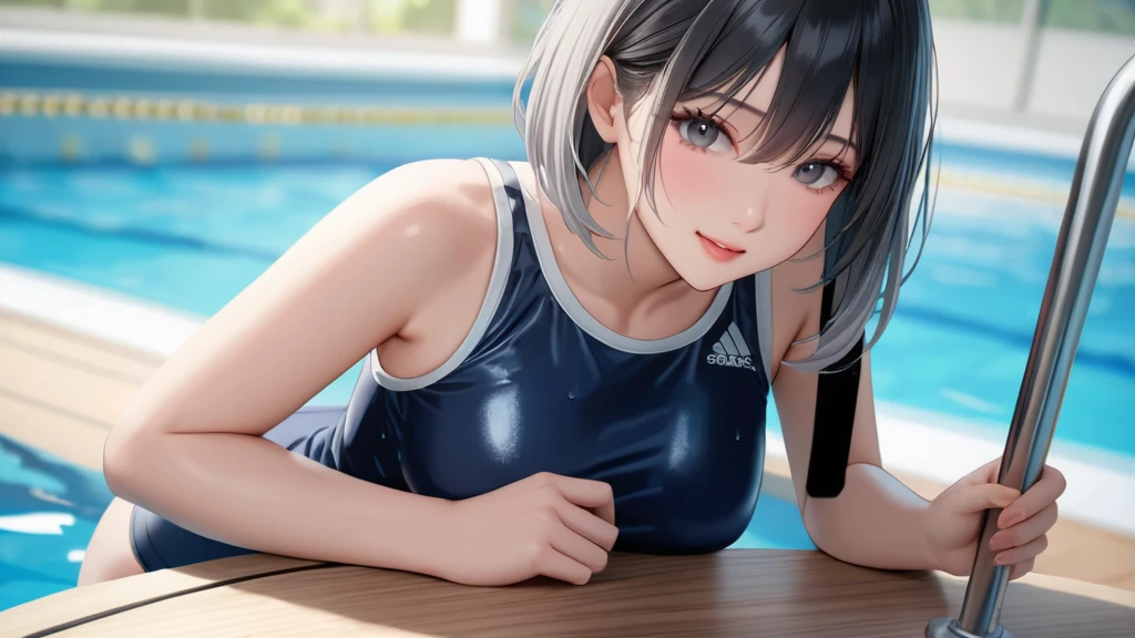 very cute and beautiful girl, (highly detailed beautiful face), (blue school swimsuit), sweat, wet, waterdrop, school swimming pool, looking at viewer, (platinum silver hair:1.5), (airy bob cut:1.6), (bang between eyes:1.4),  (glossy silver eyes:1.5), large breasts, little smile, (best quality, masterpiece), absurdres, highres, ultra-detailed, extremely detailed, 32k, cinematic scene, detailed background, solo, (on the table:1.2)