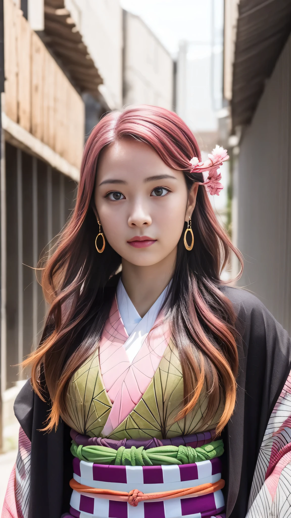 Cute Japanese female, (), (Very cute face: 1.3), White moist skin, Looking at the camera, Melancholy expression,
BREAK,
Idol,
BREAK,
(Wearing cute kimono: 1.3), (Highly revealing kimono), Very large earrings, Short length,
BREAK,
(Fighting pose: 1.3),
BREAK,
(Long hair), (Pink hair: 1.2), (Wavy hair), (Gradient hair: 1.3), (Red hair at the ends),
BREAK,
(Realistic: 1.3), Masterpiece, Perfect lighting, (Ultra-high resolution), (8K), (Highly detailed: 1.4), (From the front), (Full body: 1.3), (Symmetrical: 1.2),
BREAK,
(Japanese city streets: 1.2),
BREAK,
(Demon Slayer: 1.4),
BREAK,
(Hellfire: 1.2), Demon,