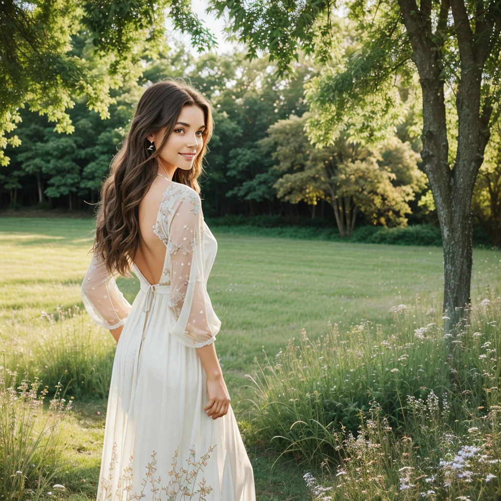 Generate a realistic image of a woman in a natural outdoor setting. The woman should appear as if she is in her late 20s, with a warm, inviting smile and expressive eyes that convey a sense of joy and serenity. She has long, wavy brown hair that cascades down her back, slightly tousled by a gentle breeze.
She is dressed in a flowing, full-length dress made of a soft, light fabric that moves gracefully with the wind. The dress is adorned with delicate floral patterns, featuring a blend of pastel colors that complement the natural surroundings. She wears simple yet elegant jewelry, such as a thin gold necklace and matching earrings.
The background should be a lush, verdant meadow dotted with wildflowers, with tall trees in the distance and a clear blue sky overhead. The lighting is soft and natural, casting a gentle glow on the scene and creating a peaceful, idyllic atmosphere.
Pay close attention to the details in the woman's facial features, skin texture, and clothing to ensure she looks lifelike and the scene appears natural and harmonious.
