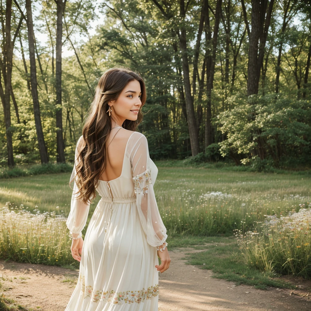 Generate a realistic image of a woman in a natural outdoor setting. The woman should appear as if she is in her late 20s, with a warm, inviting smile and expressive eyes that convey a sense of joy and serenity. She has long, wavy brown hair that cascades down her back, slightly tousled by a gentle breeze.
She is dressed in a flowing, full-length dress made of a soft, light fabric that moves gracefully with the wind. The dress is adorned with delicate floral patterns, featuring a blend of pastel colors that complement the natural surroundings. She wears simple yet elegant jewelry, such as a thin gold necklace and matching earrings.
The background should be a lush, verdant meadow dotted with wildflowers, with tall trees in the distance and a clear blue sky overhead. The lighting is soft and natural, casting a gentle glow on the scene and creating a peaceful, idyllic atmosphere.
Pay close attention to the details in the woman's facial features, skin texture, and clothing to ensure she looks lifelike and the scene appears natural and harmonious.
