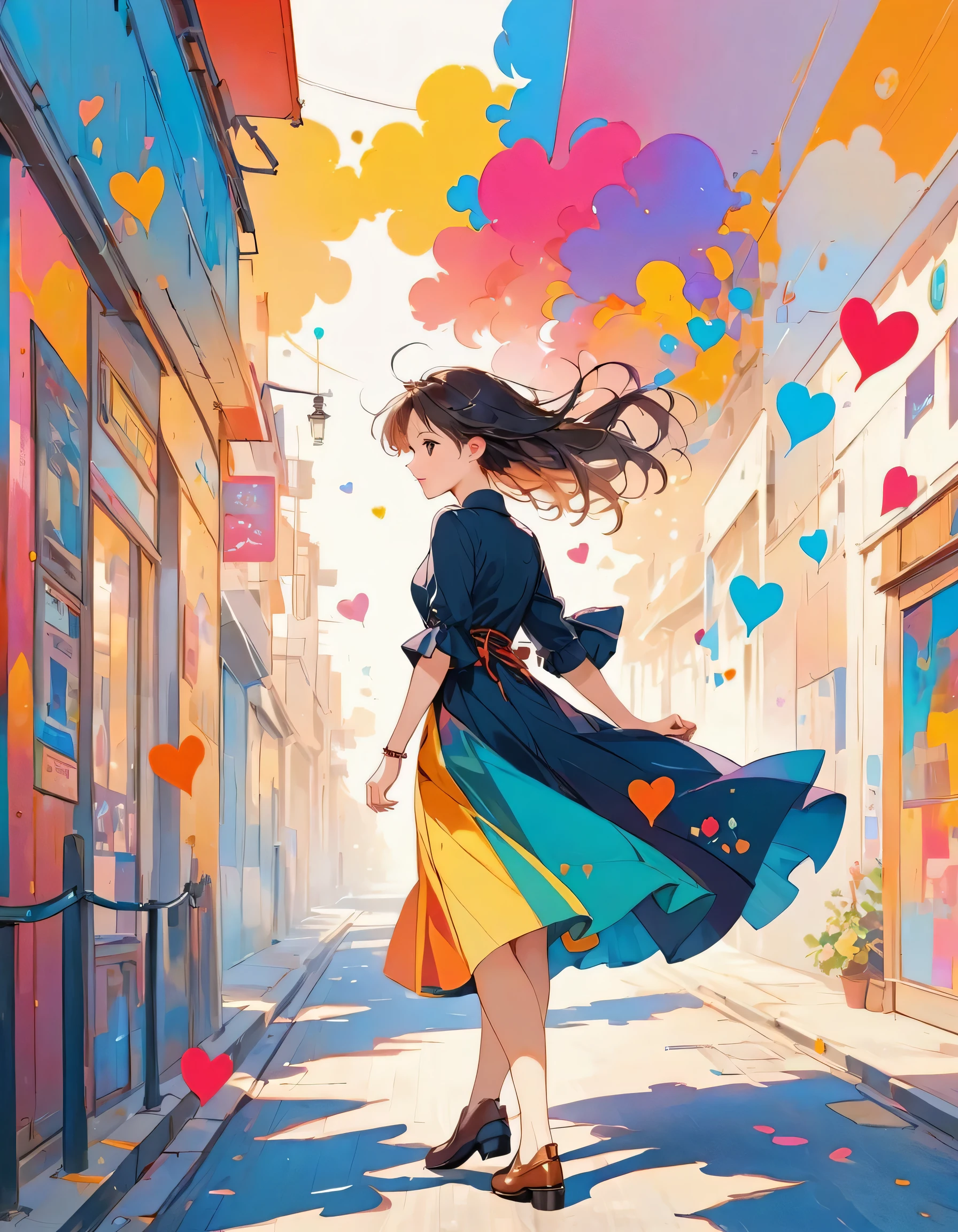 Vasily Kandinsky colorful style, Simple Line Initialism,Abstract art,Urban Background, (((The most beautiful girl of all time))), black eyes, Sweet face. Lips in love, walking, colorful hearts, stylish design