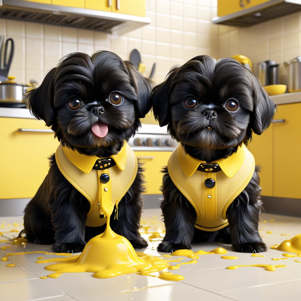 2 adorable small black shih tzu puppies wearing red collars,disney kitchen,3d cartoon,3d render,disney pixar style,refrigerator making food mess,extremely detailed,masterpiece,photorealistic,vibrant colors,warm lighting,cute,adorable,playful,mischievous