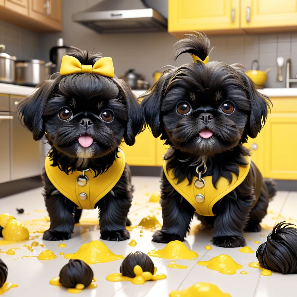 2 adorable small black shih tzu puppies wearing red collars,disney kitchen,3d cartoon,3d render,disney pixar style,refrigerator making food mess,extremely detailed,masterpiece,photorealistic,vibrant colors,warm lighting,cute,adorable,playful,mischievous