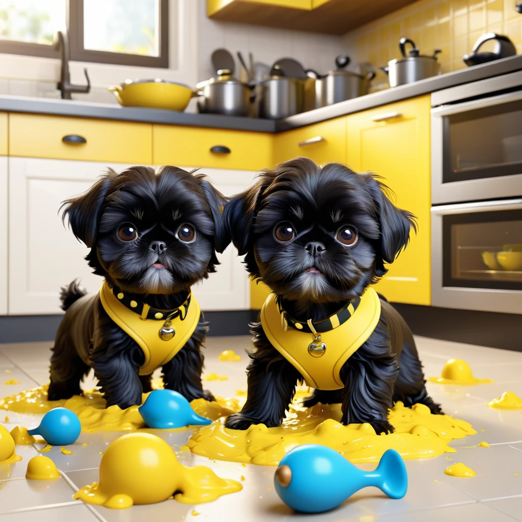 2 adorable small black shih tzu puppies wearing red collars,disney kitchen,3d cartoon,3d render,disney pixar style,refrigerator making food mess,extremely detailed,masterpiece,photorealistic,vibrant colors,warm lighting,cute,adorable,playful,mischievous