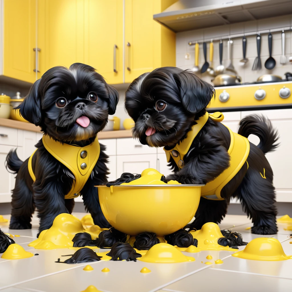 2 adorable small black shih tzu puppies wearing red collars,disney kitchen,3d cartoon,3d render,disney pixar style,refrigerator making food mess,extremely detailed,masterpiece,photorealistic,vibrant colors,warm lighting,cute,adorable,playful,mischievous