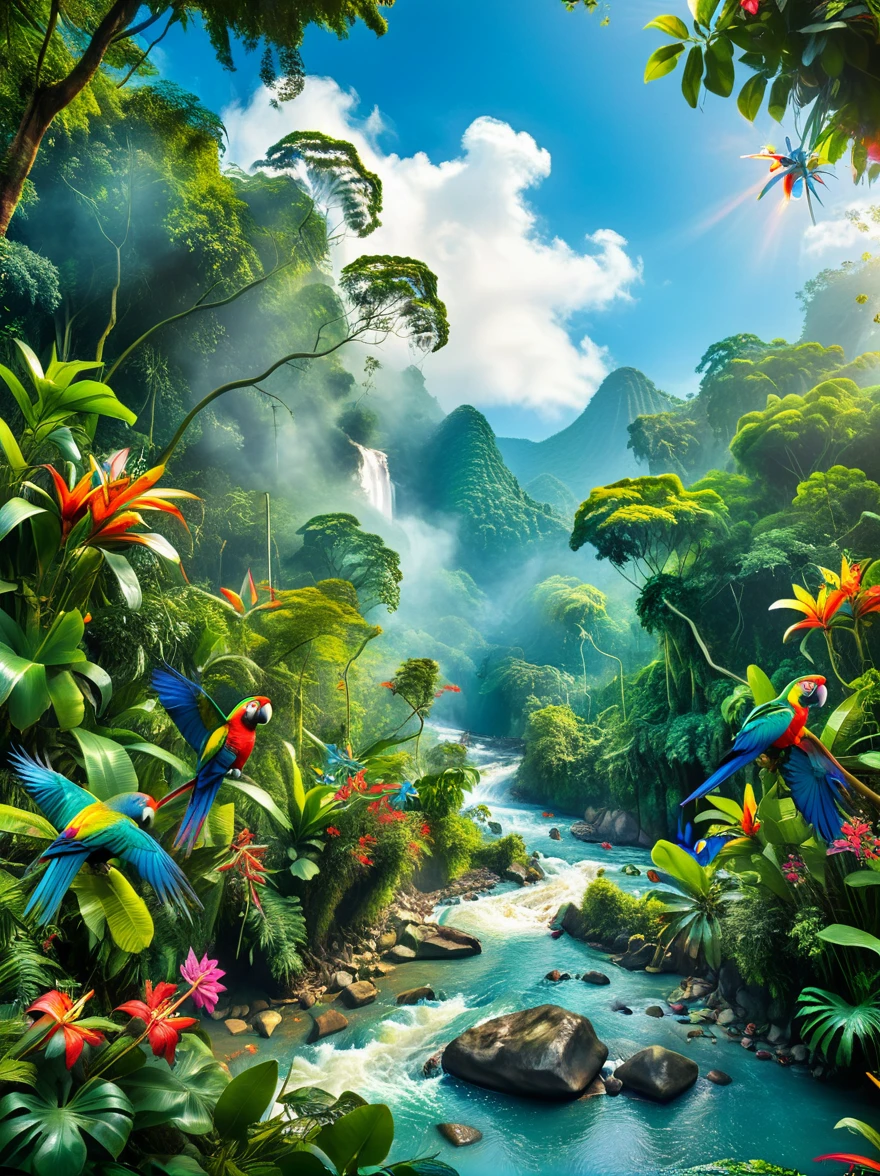 Imagine a colorful jungle adventure scene。A South Asian man and a Hispanic woman，Both are explorers.，Looking for treasure。They are surrounded by lush green foliage and colorful exotic flowers.。A brightly colored parrot perched nearby，Bright blue sky in the background can be seen through the jungle canopy。A fast-flowing river runs through the land，The river water sparkles in the tropical sun。This picture should sum up the excitement and beauty of exploring the tropical jungle.。