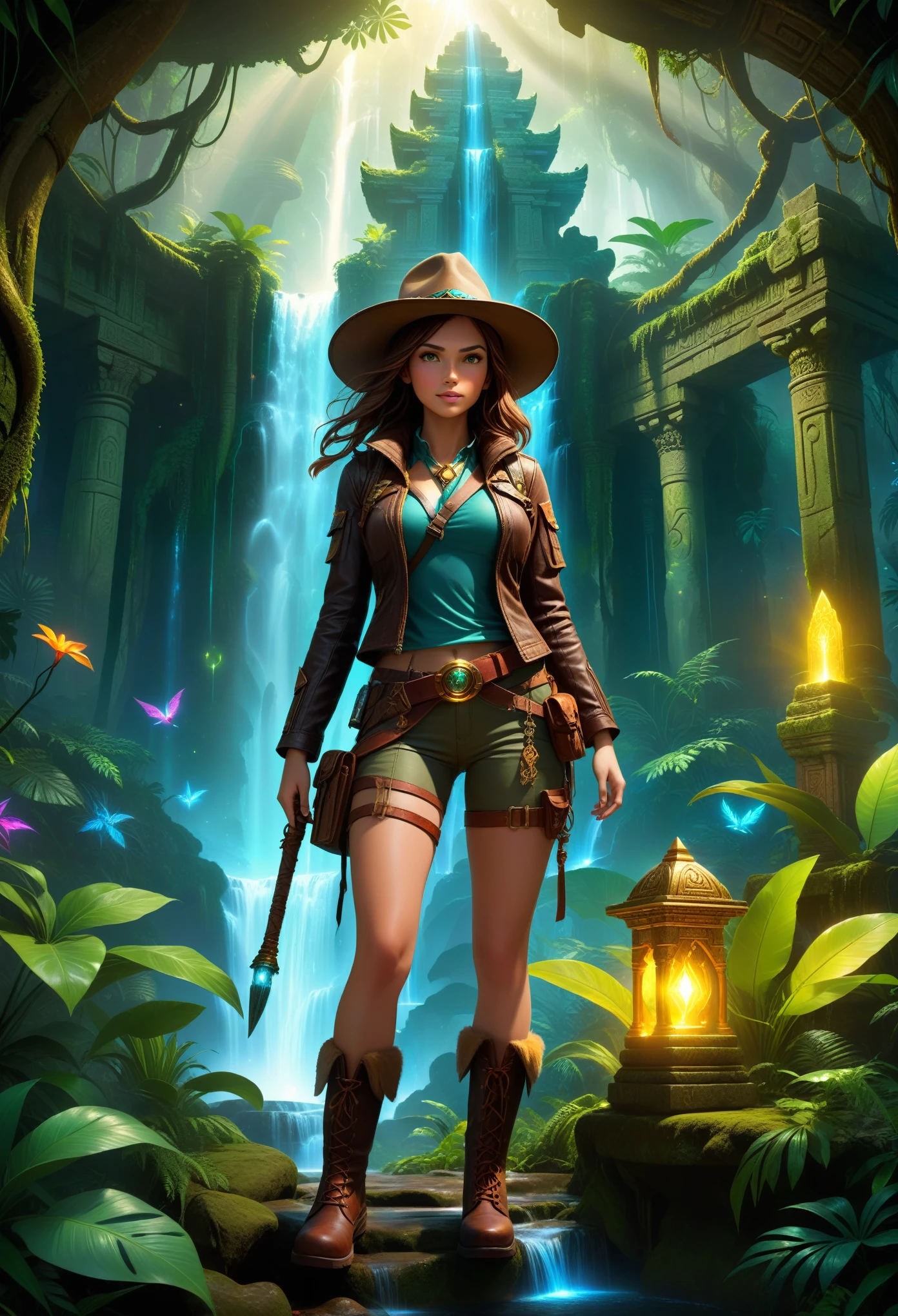 Masterpiece, Best Quality, Super Detailed, High Definition, HDR, Realistic, Depth, Fine Texture, Super Fine, Complete concentration.

Character: A brave female adventurer with a strong, determined expression. She is dressed in detailed explorer attire: a fitted leather jacket, utility belt with various tools, sturdy boots, and a wide-brimmed hat. She carries a mystical, glowing artifact in one hand and a map in the other.

Scene: Enchanted jungle filled with fantastical elements. Towering trees with bioluminescent vines, glowing flowers, and exotic, colorful plants. There are mystical creatures, like ethereal birds and gentle, glowing spirits, blending into the lush foliage.

Background: A hidden ancient temple covered in mystical runes and overgrown with vegetation. The temple emits a faint, magical glow, hinting at the secrets and treasures it holds. A waterfall cascades beside the temple, creating a serene yet adventurous atmosphere.

Lighting: Soft, magical light filtering through the trees, casting a warm, ethereal glow over the scene. Volumetric lighting with lens flare effects enhances the fantasy setting. The light reflects off the mystical artifact, adding an otherworldly shine.

Details: Detailed textures on the adventurer’s gear, such as worn leather, metallic zippers, and enchanted artifacts. The jungle is alive with vivid colors, intricate patterns on the plants, and the soft glow of bioluminescent flora.

Atmosphere: A sense of wonder, adventure, and mystery. The scene feels alive with magical energy, as if the jungle itself is watching over the adventurer. The sounds of rustling leaves, distant animal calls, and the gentle flow of the waterfall create an immersive experience.

Additional elements: Hidden paths and ancient statues partially covered in moss, glowing runes and symbols on the temple walls, and small, mystical creatures interacting with the adventurer. The presence of magical sparkles and ethereal light trails add to the fantasy feel.