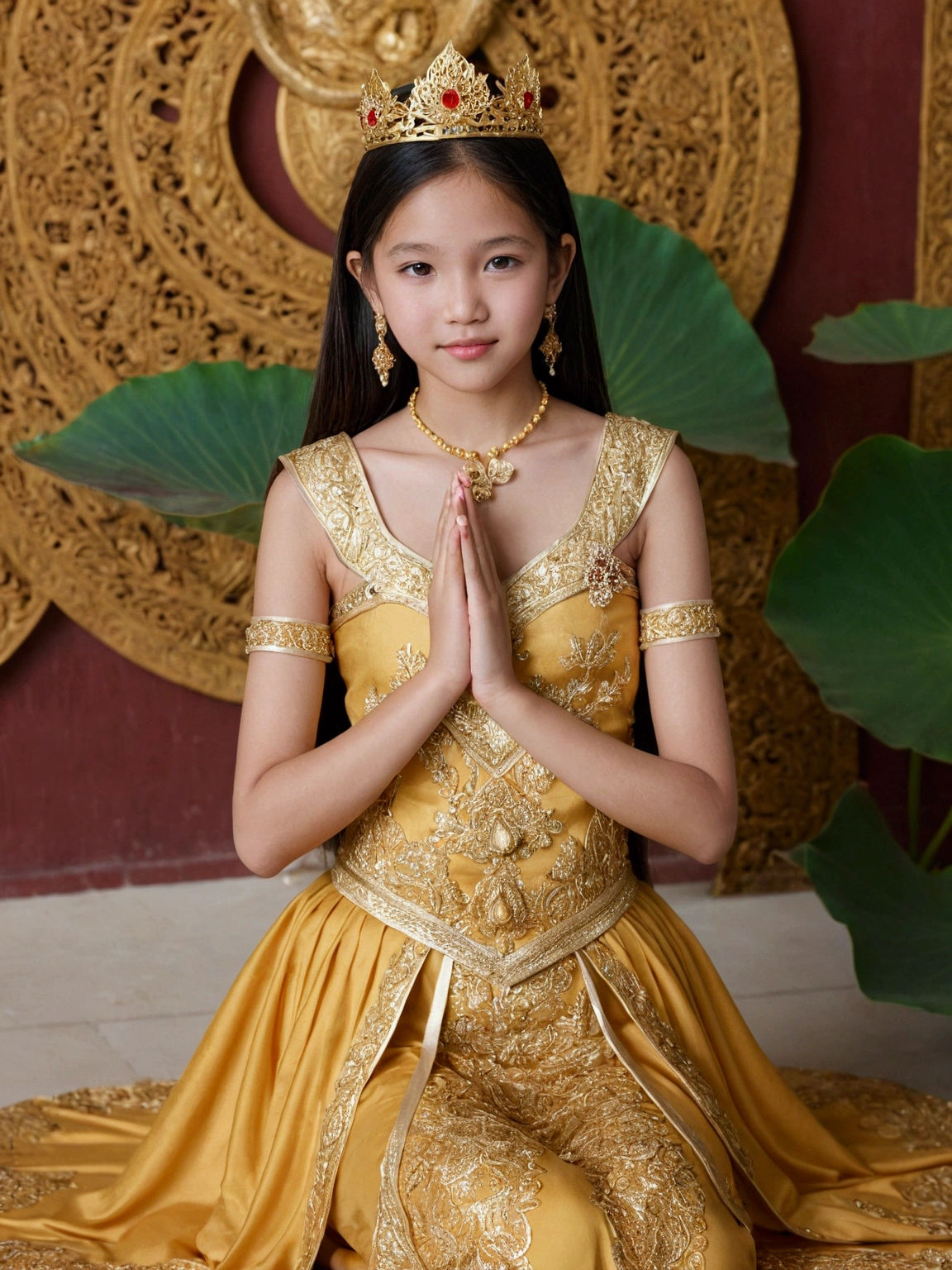 Beautiful 16-year-old princess sitting on a lotus flower,Wear a delicate gold crown.,Beautiful Thai Girl,Squeeze the flower stem with one hand.,The other palm is facing outwards.,Light brown dress,Barefoot on both feet.,Like hibiscus in water.,The corners of the mouth are slightly inverted.,Look at the camera with a gentle expression.,Spectacular and noble costume,8k wallpapers,Amazing cleavage,master-piece, Revered Goddesses,A beautiful dream world,