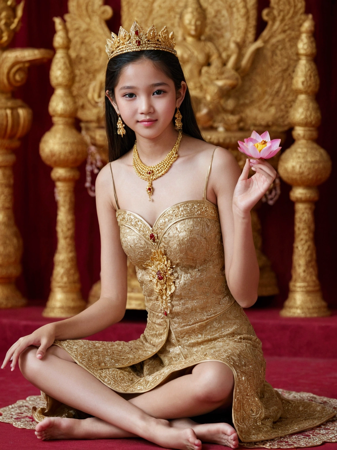 Beautiful 16-year-old princess sitting on a lotus flower，Wear a delicate gold crown.，Beautiful Thai Girl，Squeeze the flower stem with one hand.，The other palm is facing outwards.，Light brown dress，Barefoot on both feet.，Like hibiscus in water.，The corners of the mouth are slightly inverted.，Look at the camera with a gentle expression.，Spectacular and noble costume，8k wallpapers，Amazing cleavage，master-piece, Revered Goddesses,A beautiful dream world，