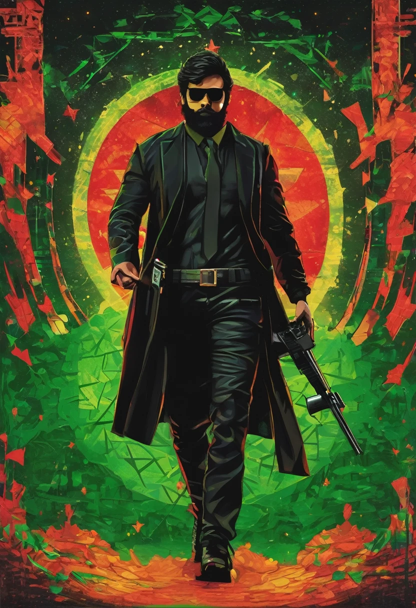 Aarav man in black holding a gun and a green star, It's still a bad cyborg movie., Johnny Silverhand, Covered entirely with metal armor., Green armor with sharp edges, Wear leather assassin armor., heavy metal armor, spiky green armor, Movies are still super cool cyborgs., Shiny black armor, เกราะfull bodyที่น่าเกรงขาม, wearing black armor, Pretend to stand and prepare to fight., full body