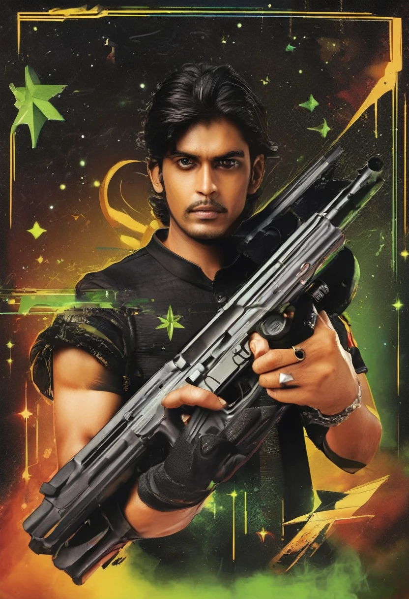 Aarav man in black holding a gun and a green star, It's still a bad cyborg movie., Johnny Silverhand, Covered entirely with metal armor., Green armor with sharp edges, Wear leather assassin armor., heavy metal armor, spiky green armor, Movies are still super cool cyborgs., Shiny black armor, เกราะfull bodyที่น่าเกรงขาม, wearing black armor, Pretend to stand and prepare to fight., full body