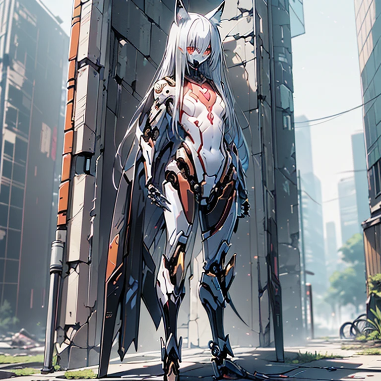 (Fox Girl, Fox Ears, Silver Hair, Fox Makeup, One Girl, Long Hair, Alone on the screen, dark skin, High definition, high resolution:1.6), (mecha musume, Machinery Parts,Robot Joints, White and red clothes, Full body mechanical suit:1.8), (Body measurements are 75-60-75!, Young girl body, Small breasts, Proudly, Standing posture, slender, muscle:1.9), Avatar, face, 色っぽいface, Dominant representation, naughty face, Uplifting, Skin Texture, outside, ruins, Ruined City, Broken Building, There are no people