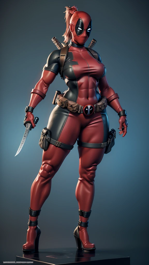 female deadpool, sexy, 3d printed figurine, character design, half naked, busty, thick thighs, huge , bodybuilder, muscle, sexy abs, full body, full body suit, ultra detailed suit, micro details, deadpool mask on, swords in both hands, on a base, ultra detailed base,concept art, unique expressive pose,Expressiveh,dark theme,disney pixar style,DeadpoolStyle