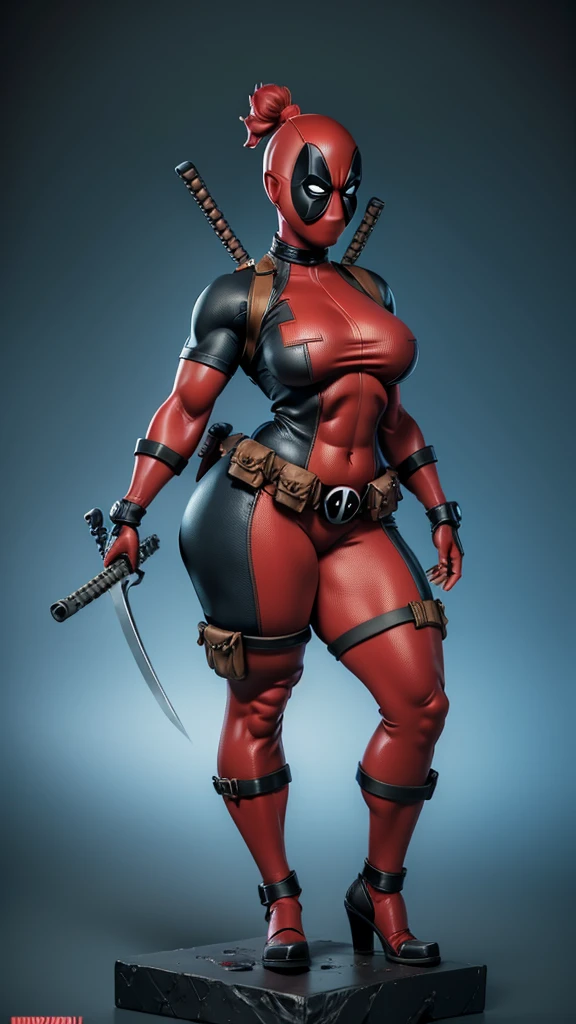 female deadpool, sexy, 3d printed figurine, character design, half naked, busty, ultra thick thighs, huge , huge body, muscular, wide hips, bodybuilder, muscle, sexy suit, full body, full body suit, ultra detailed suit, micro details, deadpool mask on, swords in both hands, tall, on a base, ultra detailed base,concept art, unique pose, expressive, ultra realistic, realism,Expressiveh,dark theme,disney pixar style,DeadpoolStyle, plain grey background