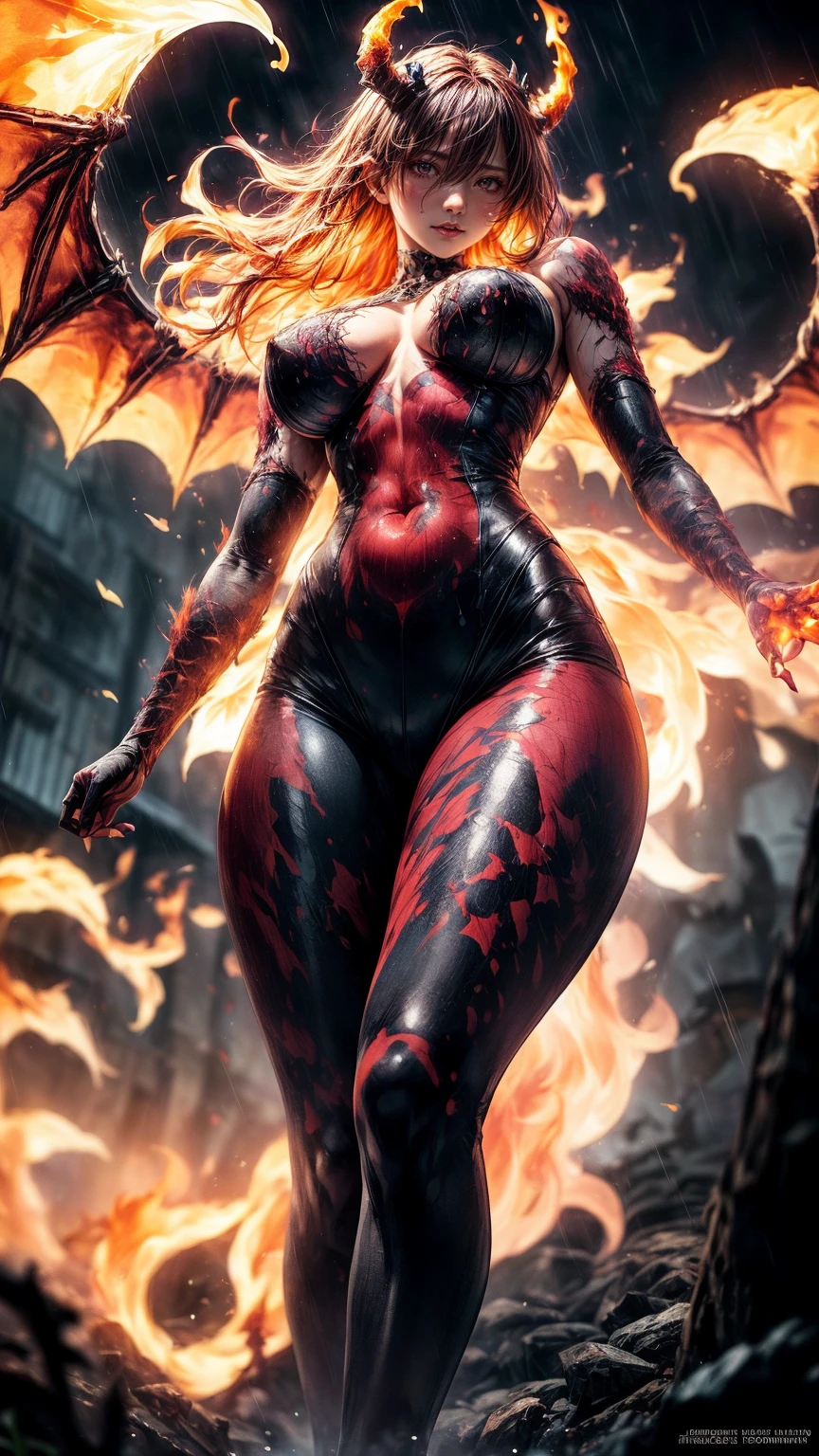 Cinematic effects, raining blood, from below, masterpiece, highest quality, dragonlady queen, perfect demoness, long legs, hourglass figure, curvy hips, perfect eyes, detailed eyes (1.4), slashed up body, cuts and deep wound on body, scars on face, villainous expression, flaming skin body with bioluminescent glowing pattern, ready for battle, blurred stormy background, dark atmosphere, lighting in background,full body,