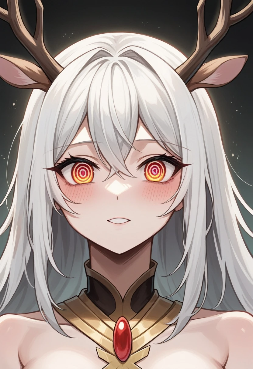 (best quality:1.3), (4k quality),(sharp image), ((Detailed face)), ((masterpiece face)),((perfect detailed eyes)) (blush), 1woman, pale, white hair, deer antlers and bunny ears, wendigo woman, perfect face, highly detailed eyes, masterpiece , (intricate details), (colorful),cinematic lighting