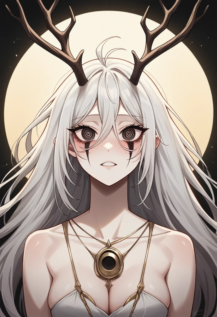 (best quality:1.3), (4k quality),(sharp image), ((Detailed face)), ((masterpiece face)),((perfect detailed eyes)) (blush), 1woman, pale, white hair, deer antlers and bunny ears, wendigo woman, perfect face, highly detailed eyes, masterpiece , (intricate details), (colorful),cinematic lighting