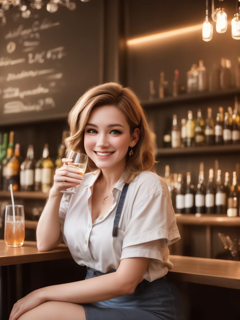 Photorealistic,  IvoryGoldAI, liquor shop with clear glasses gleaming neatly stacked, (sparkling glass), beautiful girl shop waiter smiling sweetly ready to serve, aesthetic photograph, professional, cozy, friendly, (by Tim Walker & Annie Leibovitz), depth of field, realistic details, high quality, popular on Instagram.