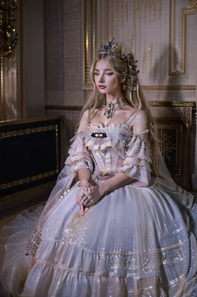 ((top-quality、​masterpiece、photographrealistic:1.4、in 8K))、Blonde Beauty、delicate and beautiful face、（Luxury dresses in the style of medieval Europe、Princess）、Luxury accessories、European-style castle、Cinematic lighting、Textured skin、Super Detail、high detailing、High quality、hight resolution