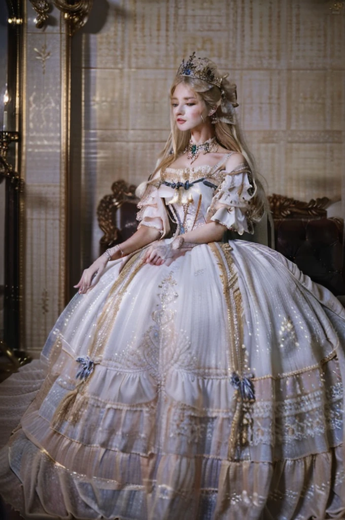 ((top-quality、​masterpiece、photographrealistic:1.4、in 8K))、Blonde Beauty、delicate and beautiful face、（Luxury dresses in the style of medieval Europe、Princess）、Luxury accessories、European-style castle、Cinematic lighting、Textured skin、Super Detail、high detailing、High quality、hight resolution