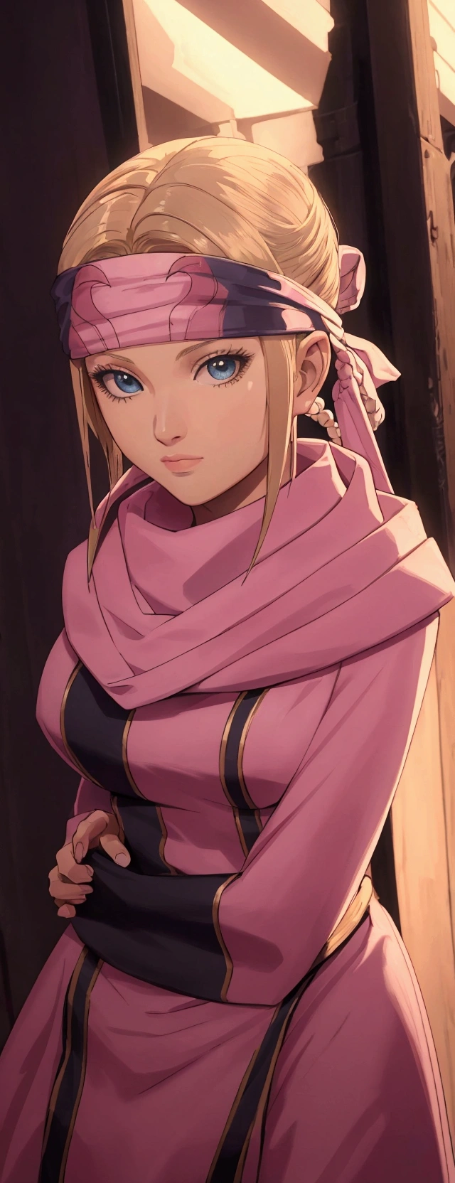 masterpiece), best quality, high resolution blonde 1girl bob cut medium hair standing alone cowl headband profile image looking at viewer beautiful eyes beautiful face extremely detailed pink clothing girly
