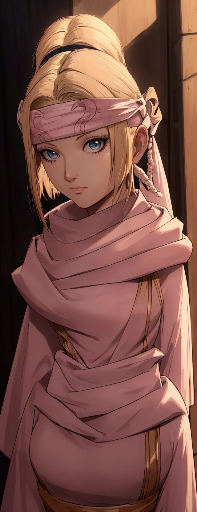 masterpiece), best quality, high resolution blonde 1girl bob cut medium hair standing alone cowl headband profile image looking at viewer beautiful eyes beautiful face extremely detailed pink clothing girly