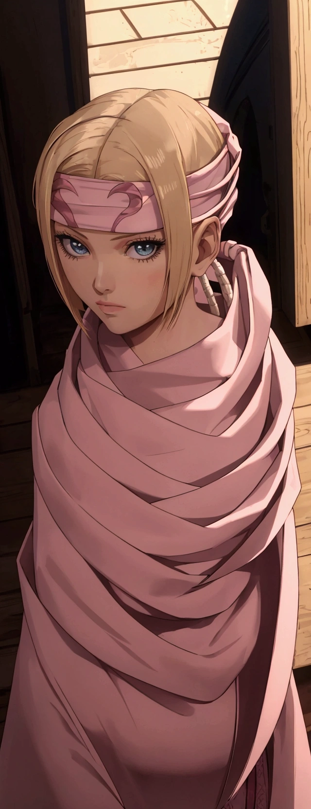 masterpiece), best quality, high resolution blonde 1girl bob cut medium hair standing alone cowl headband profile image looking at viewer beautiful eyes beautiful face extremely detailed pink clothing girly