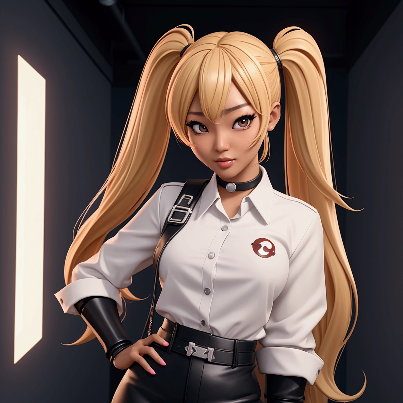 Korean woman with blond hair poses for a photo, HD live wallpaper, Naomi Campbell, like Artgerm, super cute funky black girl, she is about 1-6 , from Harley Quinn, gamer theme, wears open white shirt in front, in a neon-lit hallway, screenshot, beautiful face, long pigtail