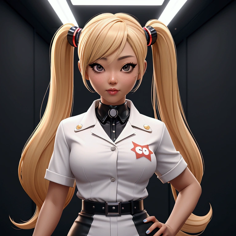 hyperrealistic 14 year old american teen, blonde, perfect tiny body, sexy, dark makeup, perfect slim face, big red lips, very cute face, tiny body, big eyes, young looking, childish looking, white suit