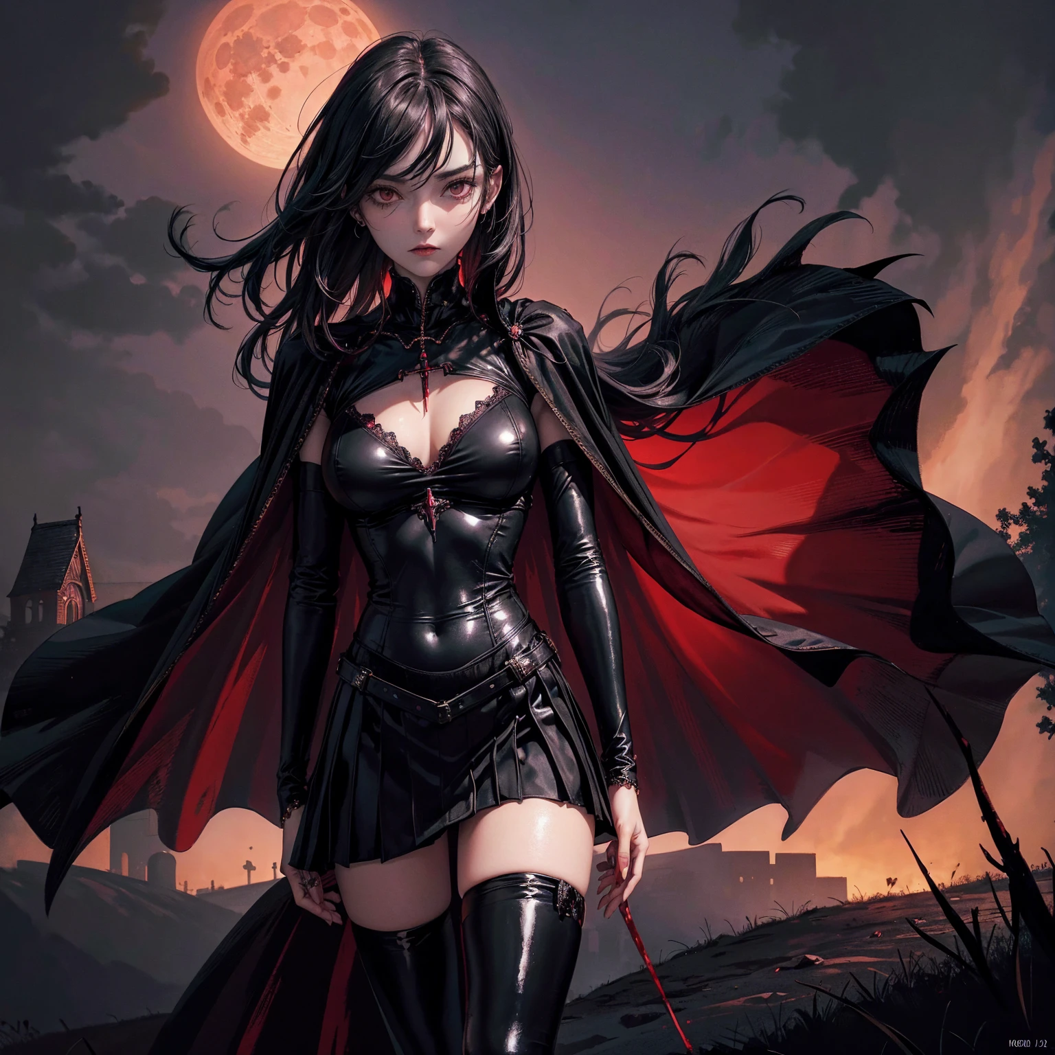 best quality, 4K, high resolution, masterpiece:1.2, Very detailed, actual:1.37, Mood lighting, Girl in a long cape, Only wearing a reflective rubber bra and a reflective latex skirt and a pair of knee-high stockings, Exposes the navel,Shows the skin above the chest, Dangerous sneer, Black Hair, Standing, Facing the camera, Crucified, Pitch black sky, Blood-red moon, strange atmosphere, Gothic style, Unforgettable beauty, Dramatic shadows, Ethereal Light, Mysterious atmosphere.