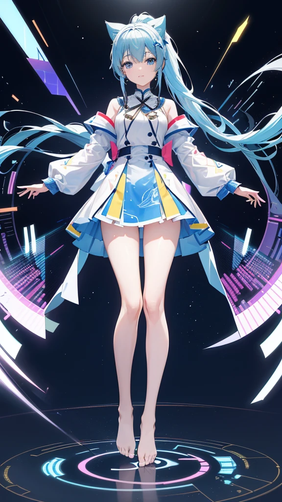 Information Technology Virtual Characters,Data,high tech,Holographic projection,A white double ponytail hair,Blue bow,清凉性感少女Stand sideways,((Happy and lively))Moe,Perfect body proportions((Full body picture))Stand sideways,Bare feet and legs,Exquisite clothing patterns,Exquisite badge wearing,