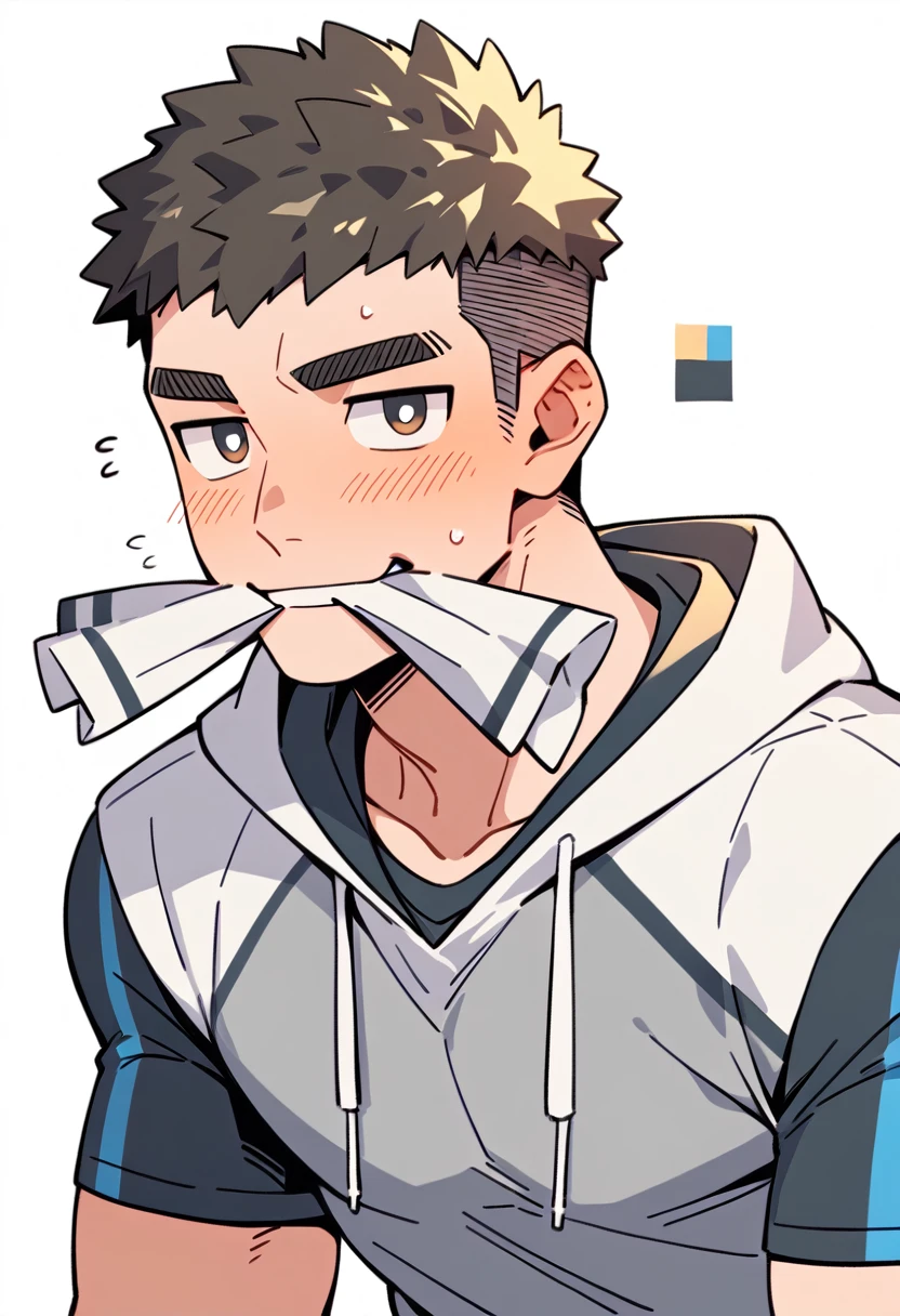 anime characters：Muscle PE teacher, Muscle Sports Student, Manliness, male focus, Sports tight hooded sweatshirt, Very tight, full and perky chest muscles, muscular male, muscular, only, Upper body, alone, Black short hair, Thick eyebrows, stubble, Brown-red pupils, White background, simple background, amazing quality, best aesthetics, Ridiculous, crew cut, blush, mouth hold, Mouth biting a white towel, embarrassed, shy, endured face, negative space, best quality