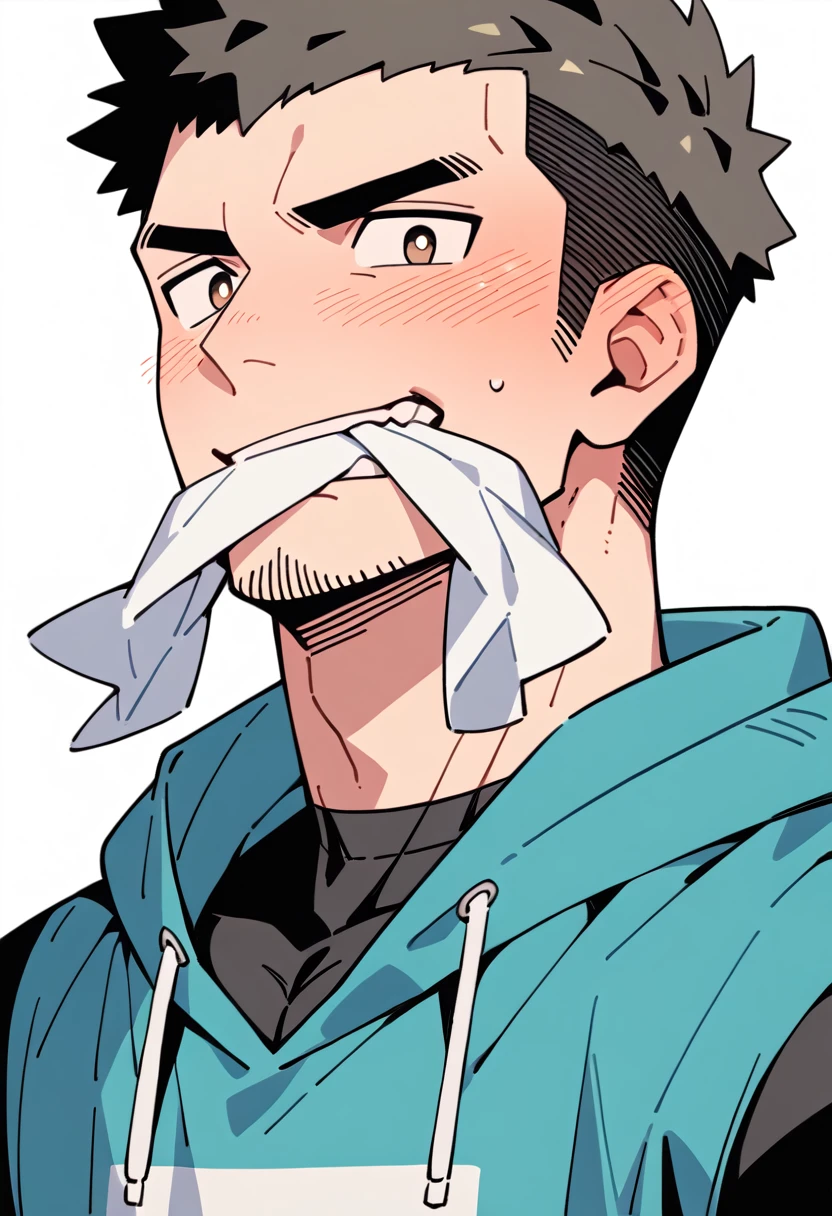 anime characters:Muscle PE teacher, Muscle Sports Student, Manliness, male focus, Sports tight hooded sweatshirt, Very tight, full and perky chest muscles, muscular male, muscular, only, Upper body, alone, Black short hair, Thick eyebrows, stubble, Brown-red pupils, White background, simple background, amazing quality, best aesthetics, Ridiculous, crew cut, blush, mouth hold, Mouth biting a white towel, embarrassed, shy, endured face, negative space, best quality