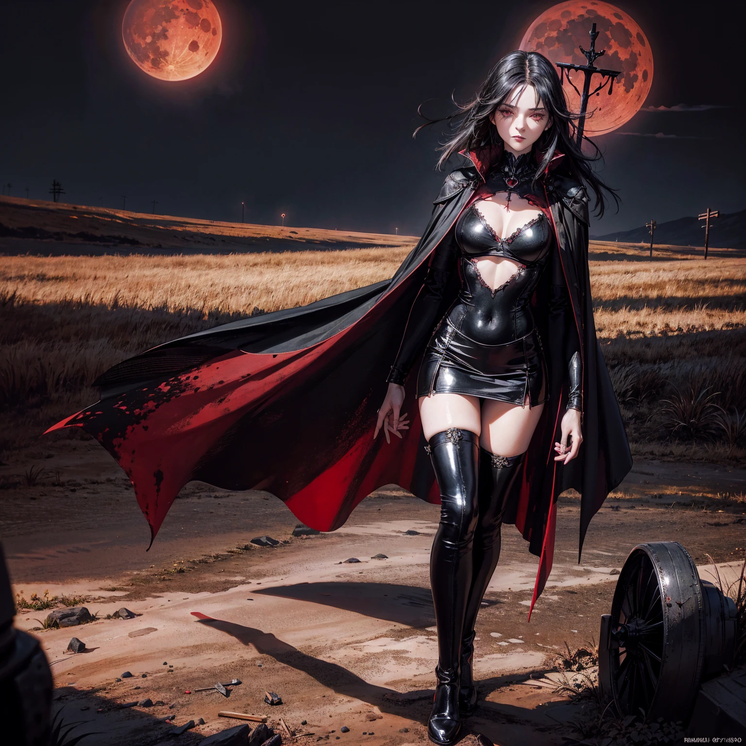 best quality, 4K, high resolution, masterpiece:1.2, Very detailed, actual:1.37, Mood lighting, Girl in a long cape, Only wearing a reflective rubber bra and a reflective latex skirt and a pair of knee-high stockings, Exposes the navel，Shows the skin above the chest, Dangerous sneer, Black Hair, Standing, Facing the camera, Crucified, Pitch black sky, Blood-red moon, strange atmosphere, Gothic style, Unforgettable beauty, Dramatic shadows, Ethereal Light, Mysterious atmosphere.